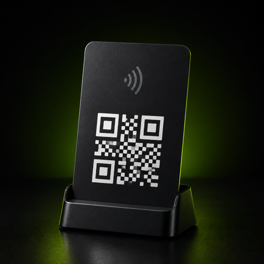 Schwarze NFC- und QR-Tischkarte in einem Kartenhalter