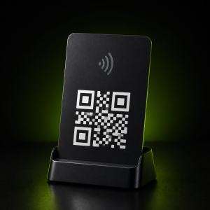 Schwarze NFC- und QR-Tischkarte in einem Kartenhalter